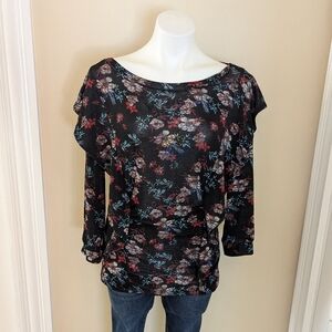 Free People black with red and blue floral print top size L